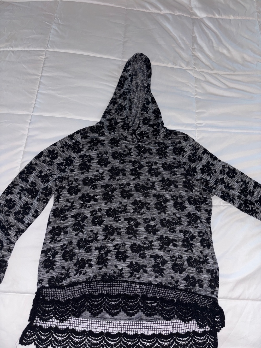 Socialite Gray Hoodie Sweater with Black Floral Print and Lace Hem